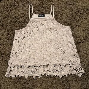 NWOT Fab’rik beige spaghetti strap top with embroidered lace overlay. Large.